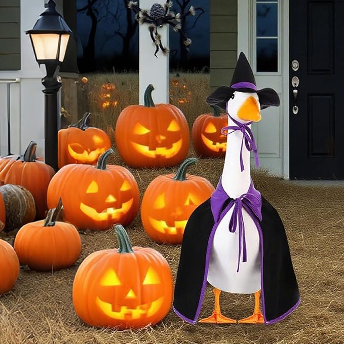 Halloween Porch Goose Outfit Set for 23'' Plastic Statue Lawn Porch Goose Clothes with Cloak Hat Costume for Indoor Outdoor Patio Yard Lawn Art Decor(Purple)