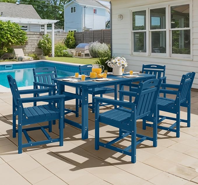 Ciokea HDPE Outdoor Dining Set 7-Piece Patio Table and Chairs with Umbrella Hole, All-Weather Patio Dining Set for 6, Durable Patio Furniture Set for Backyard, Garden, Lawn & Poolside, Navy Blue