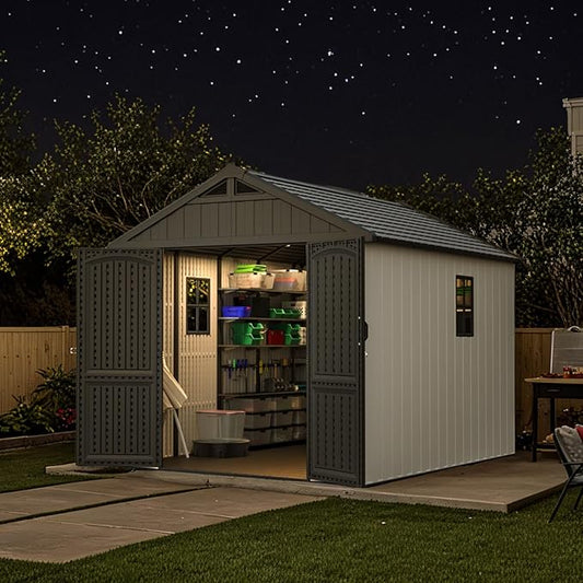 Patiowell 8 x 10 FT Resin Outdoor Storage Shed with Floor and Light, Large Plastic Barn with Lockable Door for Garden Tools, Backyard, Bike Storage, Easy Installation in Beige (Kick-it Shed)