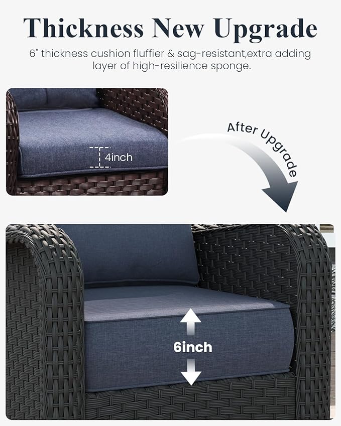 LayinSun 5 Piece Wicker Outdoor Furniture Set with 6-inch Comfy Cushions, High Back Patio Furniture Set with Swivel Rocking Chairs and Side Table