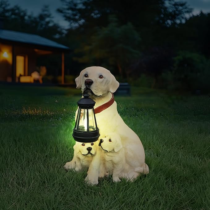 Labrador with Puppies Solar Welcome Statue, Hand-Painted Resin Dog Figurine with Lantern and Dual Wooden-Style Signs, Warm Family Guardian Sculpture for Garden and Porch Décor