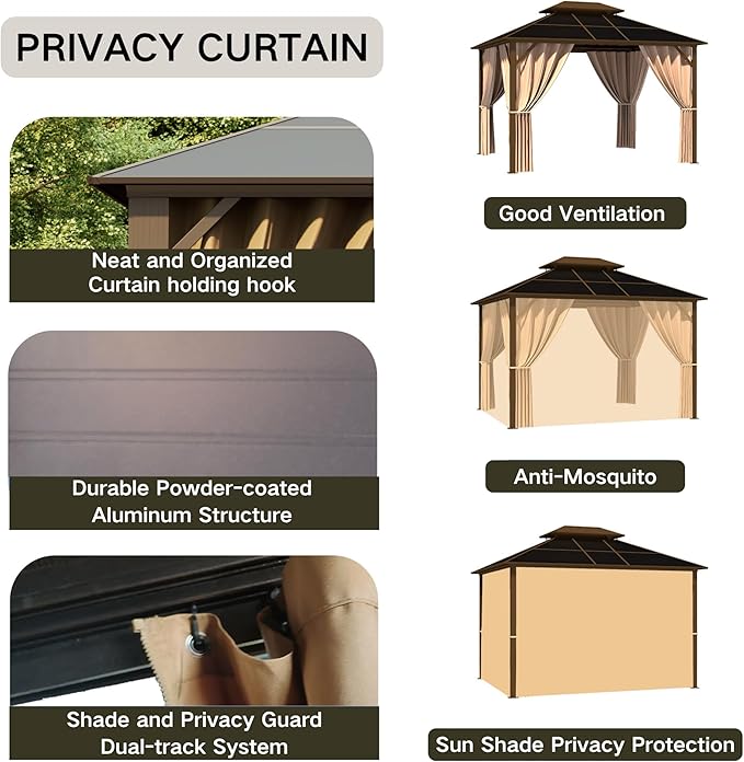 Kingdura Hardtop Gazebo 10'x12' with Double Polycarbonate Roof Canopy, Outdoor Gazebo with All-Weather Resistant Aluminum Frame Permanent Pavilion, UV Blocking for Patio Lawn Garden (Brown)