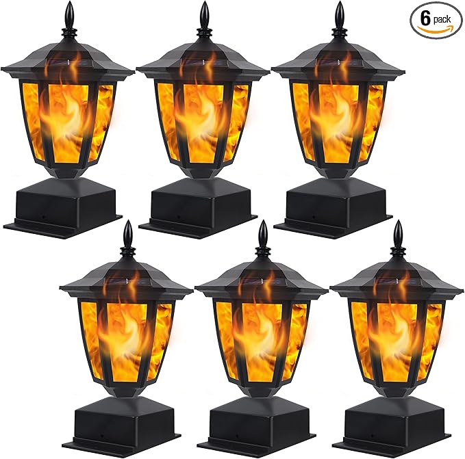 Dynaming Solar Flame Post Lights Outdoor, Solar Powered Lamps Fence Post Cap Lights, Flickering Flame LED Lantern Decorative Waterproof for Garden Deck Patio, Fit 4x4, 5x5 or 6x6 Wooden Posts, 6 Pack