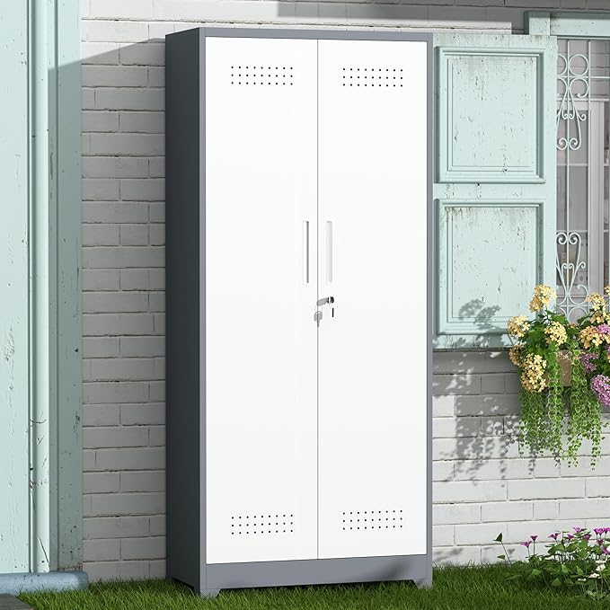 GREATMEET 72.8" Broom Storage Cabinet, Utility Cabinets for Brooms and Mops, Metal Storage Cabinets for Cleaning Supplies, Utility Closet for Garage, Grey&White