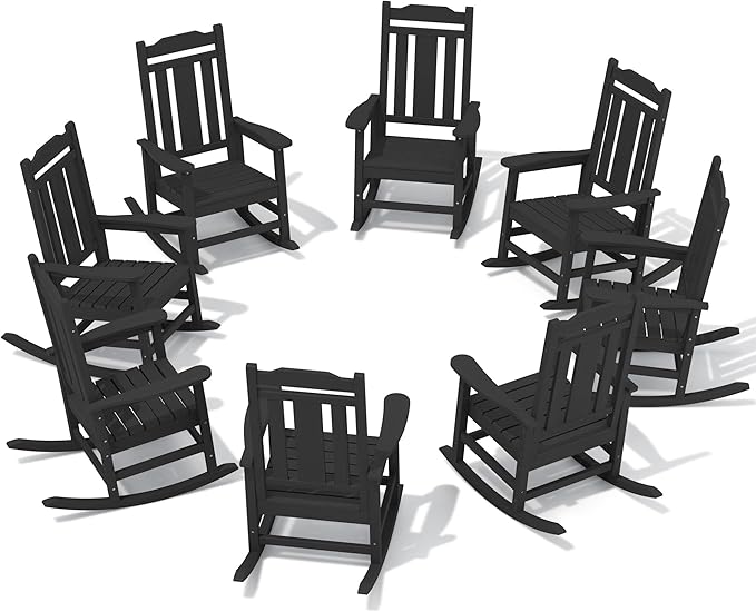 SERWALL Outdoor Rocking Chair Black Set of 8, All Weather Patio Rocking Chair, HDPE Poly Rocking Chair for Adults, Heavy Duty Front Porch Rocker