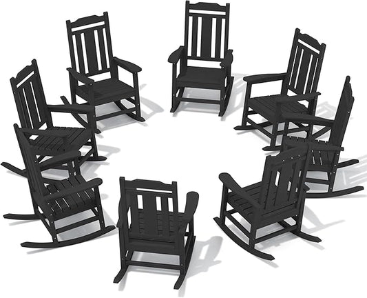 SERWALL Outdoor Rocking Chair Black Set of 8, All Weather Patio Rocking Chair, HDPE Poly Rocking Chair for Adults, Heavy Duty Front Porch Rocker