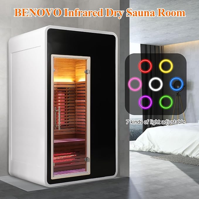 1 Person Infrared Sauna for Home,Canadian Cedar Outdoor Wooden Dry Sauna with Rapid Heating Tubes&Carbon Plate,LCD Control Panel and Tempered Glass Door (1-Person)