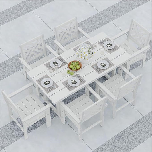 7-Piece Outdoor Dining Set, HDPE All-Weather Patio Table and Chairs Set for 6, Outdoor Patio Furniture Sets with Umbrella Hole for Outside, Deck, Backyard, Garden (White)