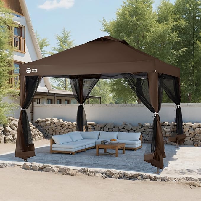 CROWN SHADES Gazebo 10x10, Pop Up Gazebo with Mosquito Netting, Screen Tent with 4 Ropes, 8 Stakes, 4 Sandbags and Wheeled Storage Bag, Canopy for Patio & Backyard, Coffee