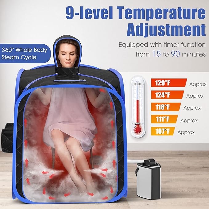 COSTWAY Portable Steam Sauna, Remote Control, 3L Steamer, Foldable Sauna Spa with 9 Temperature and 90 Mins Timer, Atomization, Personal Sauna Hat Tent for Detox Relaxation (Black)