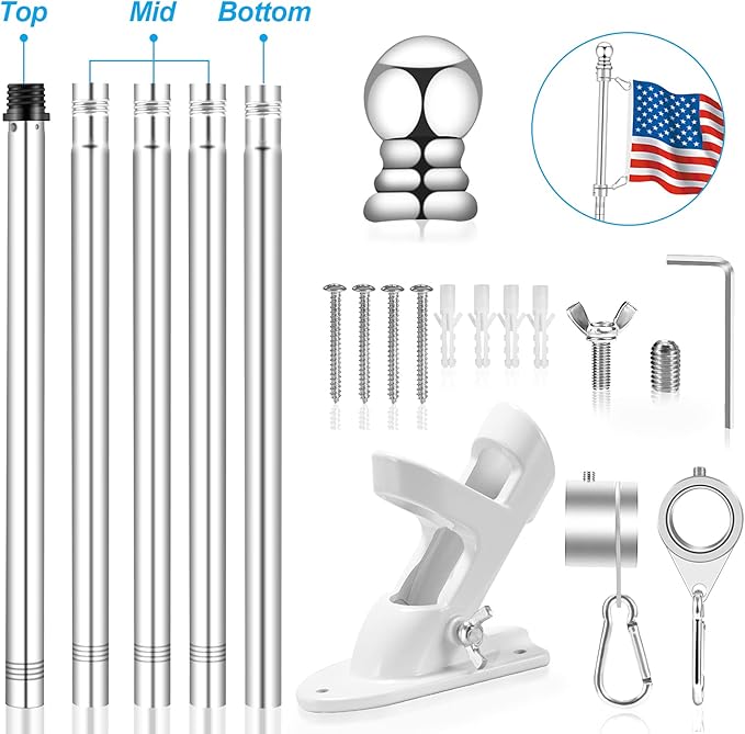 6 FT Metal Flag Pole Kit for Outside House w/ 2-Position Holder Bracket & 360° Rotating Flagpole Rings, 1" Stainless Steel Spinning Outdoor Porch Wall Mounted Flag Poles for 3x5 4x6 Flag(6 FT, Silver)