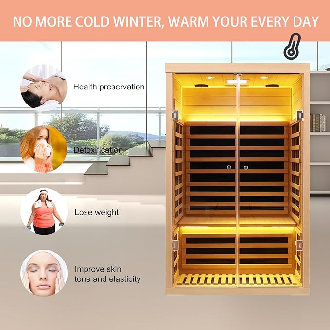2 Person Infrared Sauna, Hemlock Wood Low EMF Far Infrared Saunas, 1780W/120V Indoor Personal Sauna Room Box with APP Control, Glass Door, Blue-Tooth, LCD, LED Reading Light, 7-Color Light Therapy