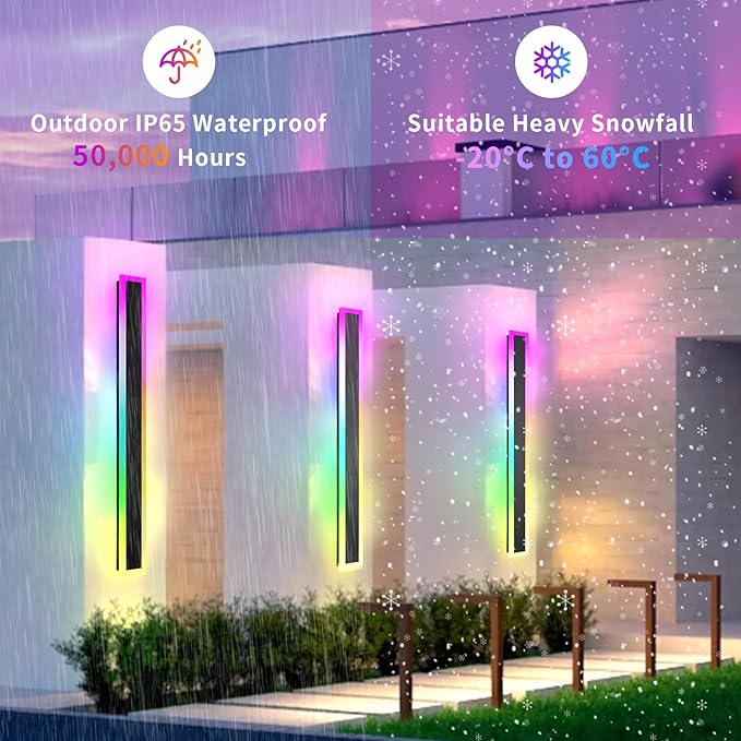 2 Pack Outdoor RGB Long Wall Lights, 39.4inch Wall Lights RGB/Warm/White Dimmable Modern Led Wall Lighting, Ip65 Waterproof Wall Sconce with Remote APP Control for Outdoor/Indoor Party Gathering