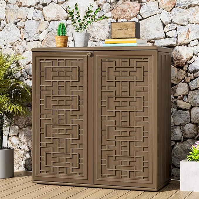 KINYING Outdoor Storage Cabinet Waterproof, Resin 60 Gallon Storage Box for Patio Furniture Cushions, Garden Tools, Pool Accessories (Dark Brown with 1 Shelving)