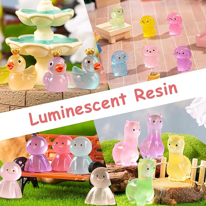 Luminous Mini Resin Animals 200 Pcs Tiny Resin Animals Figurines to Hide Mini Ducks Dinosaurs Glow in Dark for DIY Garden Miniatures Fairy Garden Accessories
