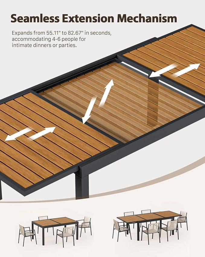 ZANDOR Expandable Patio Dining Table for 4-8 People, Aluminum Outdoor Square Table(55"-82.7") with Safety Lock,Adjustable Height-Wood Grain for Backyard,Garden,Porch, Yard,Poolside,Grey