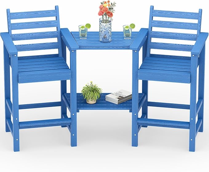 Tall Adirondack Chairs Set of 2, All Weather HDPE Poly Bar Height Balcony Adirondack Chair with Removable Double Connecting Trays, Outdoor Adirondack Barstools for Deck, Patio, Yard, Pool, Lawn