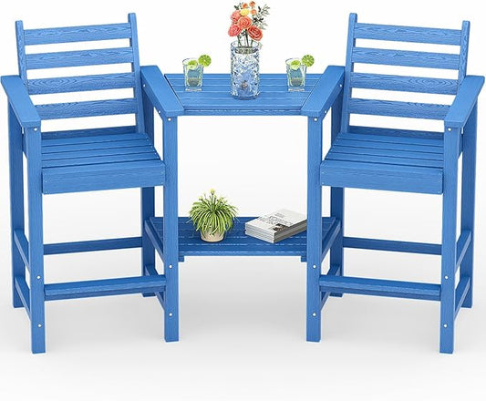 Tall Adirondack Chairs Set of 2, All Weather HDPE Poly Bar Height Balcony Adirondack Chair with Removable Double Connecting Trays, Outdoor Adirondack Barstools for Deck, Patio, Yard, Pool, Lawn
