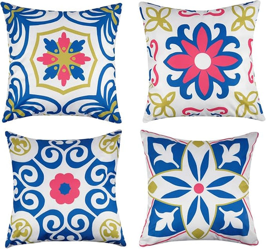 Pyonic Outdoor Pillows Waterproof Throw Pillow Covers Set of 4 Floral Printed and Boho Farmhouse Outdoor Pillow Covers for Patio Funiture Garden 18x18 Inch