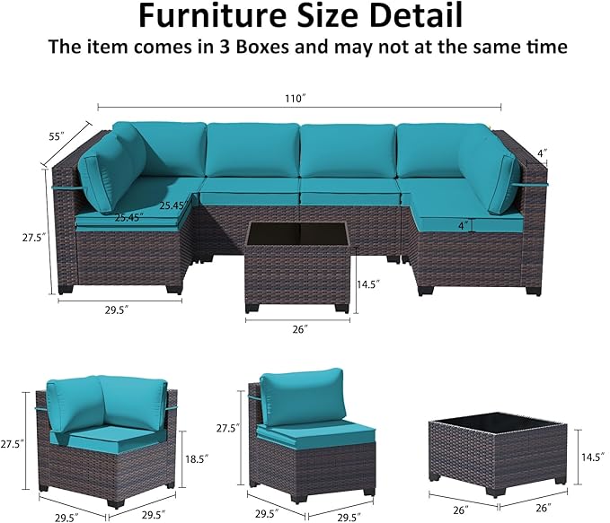 11 Pieces Outdoor Patio Furniture Set Outdoor Furniture Patio Sectional Sofa Conversation Sets w/ETL Approved 45" Gas Outdoor Fire Table & Coffee Table, Swivel Rocking Chair (Turquoise)