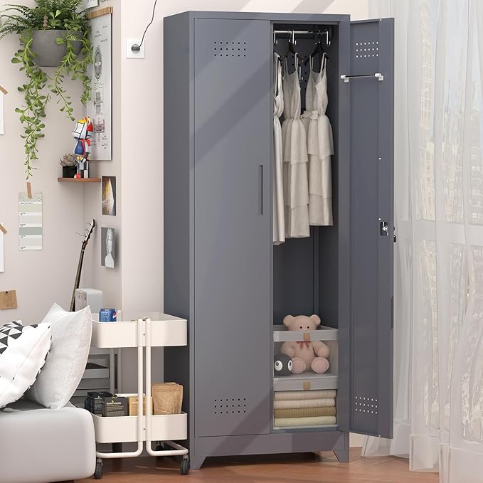 GREATMEET 65" Garage Storage Cabinet, Broom Closet Storage Cabinet, Metal Cabinets with Doors and Shelves, Utility Closet for Brooms and Mops, Utility Cabinets for Storage, Grey