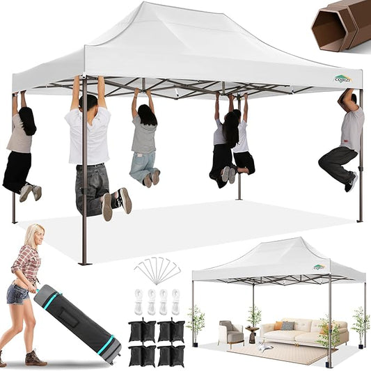 COBIZI 10x15 Pop Up Heavy Duty Canopy with Upgrated Hexagonal Legs, Easy up Tent for Parties, Commercial and Wedding, Outdoor Canopy with Roller Bag, Sand Bags, Waterproof & UPF50+ (White)