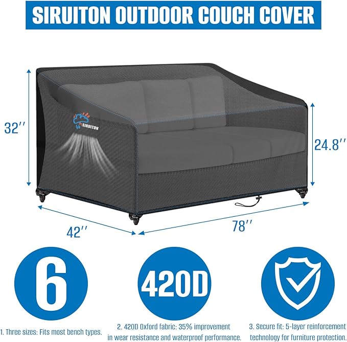 SIRUITON 3-Seat 78" W x 42" D x 32" H Garden Patio Sofa/Loveseat/Bench Cover,Heavy Duty 420D Oxford Waterproof Outdoor Sofa Cover, Lawn Patio Furniture Covers
