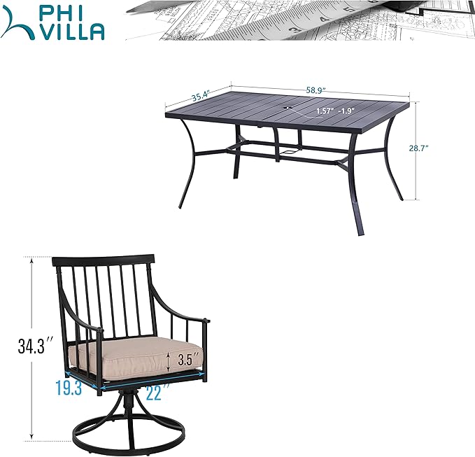 PHI VILLA 7 Pieces Outdoor Dining Set for 6, Black Rectangle Wrought Iron Table with Umbrella Hole & Swivel Metal Chairs with Cushions, Modern Furniture for Patio, Deck, Yard, Porch