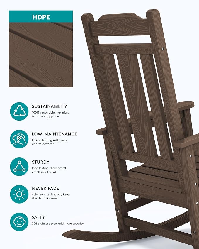 SERWALL Outdoor Rocking Chair Set of 6, Patio Rocking Chairs Set, HDPE Rocking Chair Outdoor for Adults, Heavy Duty Front Porch Rocker, Coffee