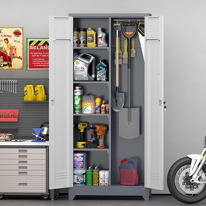 GREATMEET 72.8" Broom Storage Cabinet, Utility Cabinets for Brooms and Mops, Metal Storage Cabinets for Cleaning Supplies, Utility Closet for Garage, Grey&White
