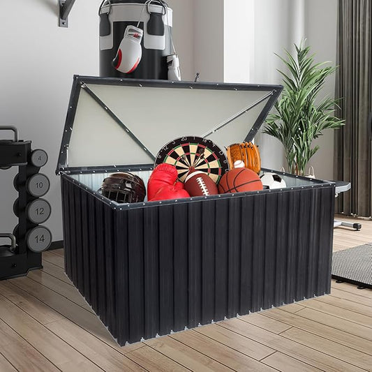 215-Gallon Outdoor Metal Storage Box, Weatherproof Deck Box with Wooden Texture, Multi-Purpose Garden Storage for Tools, Pool Accessories & Sports Gear, Patio Organizer with Tabletop Function
