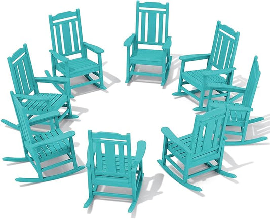 SERWALL Outdoor Rocking Chair Aruba Set of 8, All Weather Patio Rocking Chair, HDPE Poly Rocking Chair for Adults, Heavy Duty Front Porch Rocker