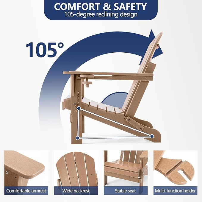 Folding Adirondack Chair, HDPE Outdoor Texture Lawn Chair with Reclining Back, Cup and Phone Holder - Comfortable Firepit Chair Weather Resistant for Patio or Backyard (Brown, Set of 4)