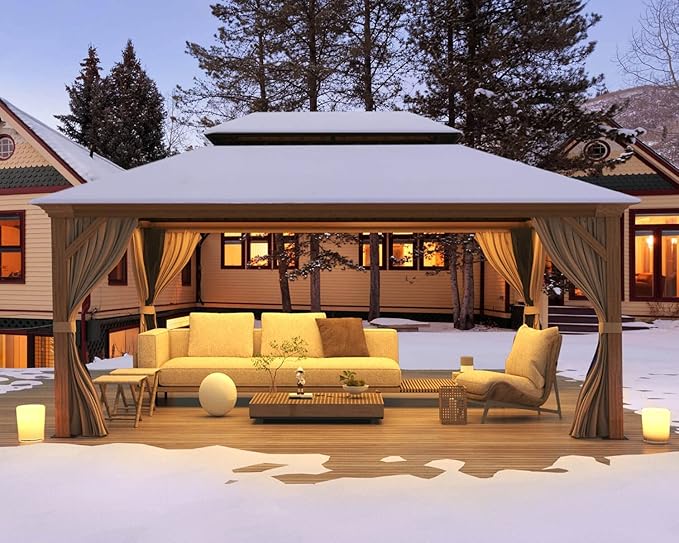 MELLCOM 12'x16' Wood Looking Hardtop Gazebo, Aluminum Frame and Galvanized Steel Double Roof, Metal Outdoor Gazebo with Curtains and Nettings for Deck Backyard and Patio