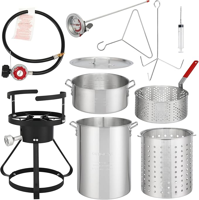 30 Qt Round Turkey Deep Fryer & 10 Qt Fish Fryers,Gas Propane Turkeys Fryer Set,Aluminum Seafood Boil Pot,Turkey Deep Fryers Set,with Propane Gas Burner,for Crab Lobster Shrimp Boiling (Silver)