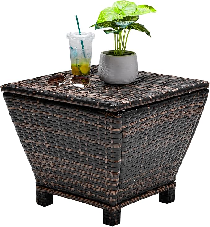 Outvita Outdoor Side Table, Rattan Coffee Table with Storage 13 Gallon Patio Small Deck Storage Box for Cushion Towel Books, Brown Side Table with lid