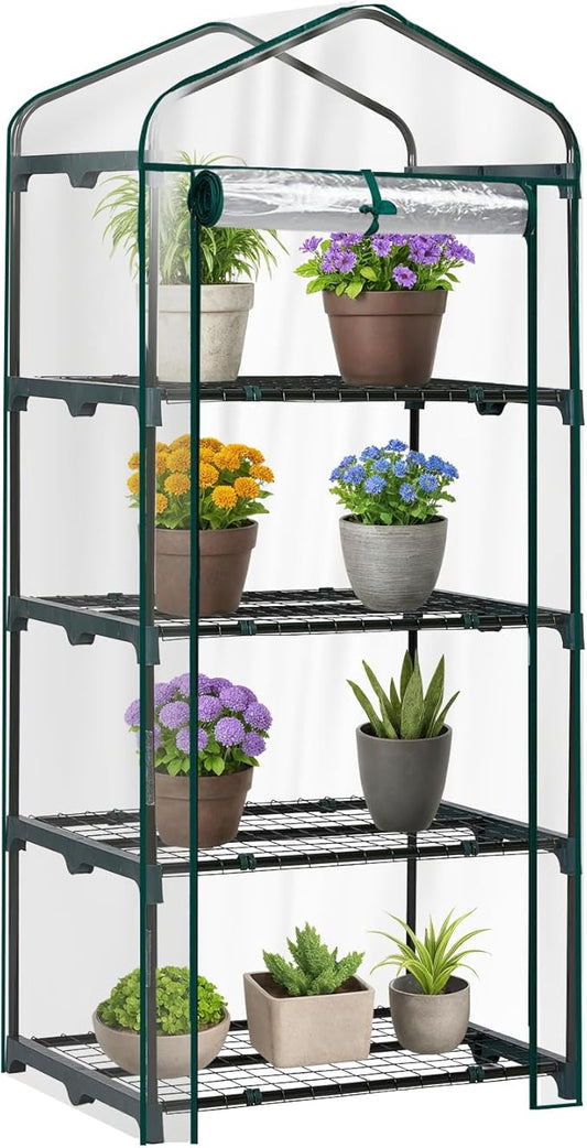 Outvita Mini Greenhouse, Small PVC Plant Green House with 4 Tiers Rack, Shelf Clips, Roll-up Zipper Door, Gardening Supplies for Indoor Outdoor Seedling Frost Protection, 27"x19.6"x63" Transparent