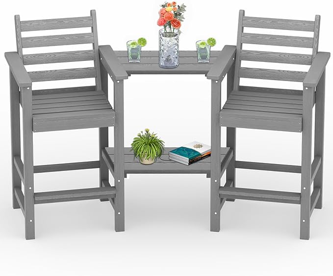 Tall Adirondack Chairs Set of 2, All Weather HDPE Poly Bar Height Balcony Adirondack Chair with Removable Double Connecting Trays, Outdoor Adirondack Barstools for Deck, Patio, Yard, Pool, Lawn