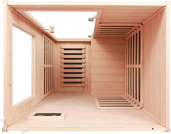 Infrared Sauna Single Hemlock Mini Far Infrared Sauna Box for Home on The Right with LCD Display, Bluetooth Audio, Natural