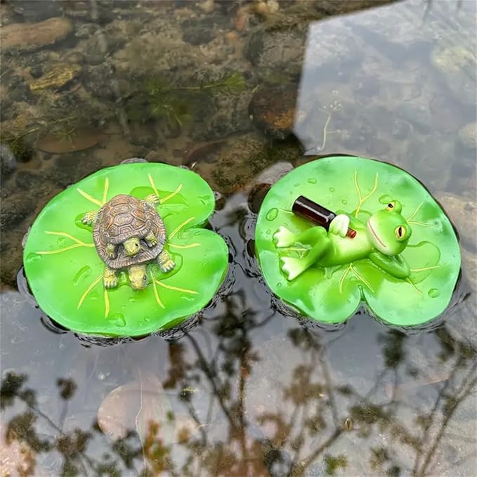 2 PCS Turtle and Frog Resin Statues on for Lotus Leaves, Vibrant Green Outdoor Decor for Gardens, Pools, Ponds, Flower Pots - Perfect for Easter, Halloween, Christmas, Garden Decorations