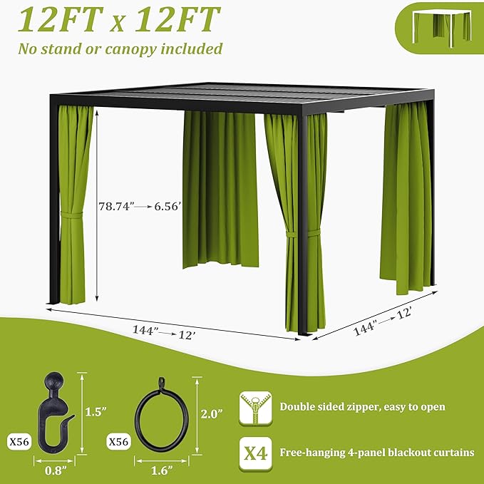 Gazebo Universal Replacement Privacy Curtain,12'×12' Gazebo Outdoor Waterproof Curtains, 4-Panels Sidewall Curtains with Double Zipper for Patio Canopy, Garden and Backyard (Curtain Only)