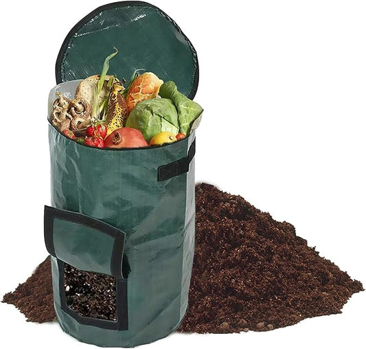 34 Gallon Garden Compost Bin Bag, Reusable Organic Fertilizer Fermented Bag with Lid,Collapsible Leaf Lawn Bags Gardening Container (Green)