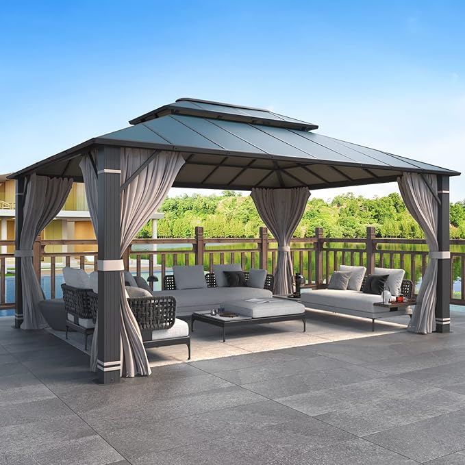 MELLCOM 12x16FT Hardtop Gazebo, Permanent Outdoor Aluminum Patio Gazebo with Aluminum Composite Double Roof for Patio Lawn and Garden, Curtains and Netting Included