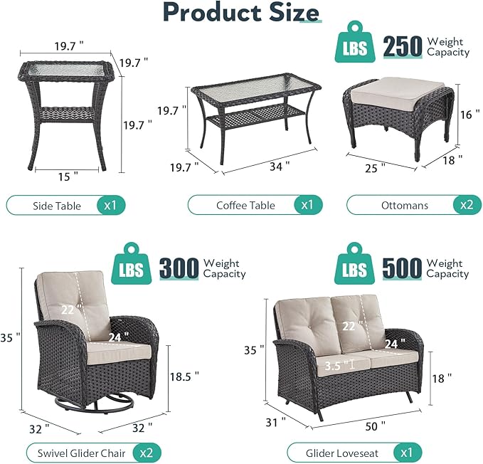 7 Piece Patio Furniture Set - Wicker Patio Conversation Set with Swivel Glider, Glider Loveseat, Tempered Glass Side Table and 2 Ottomans for Deck Backyard - Black Wicker Beige Cushion