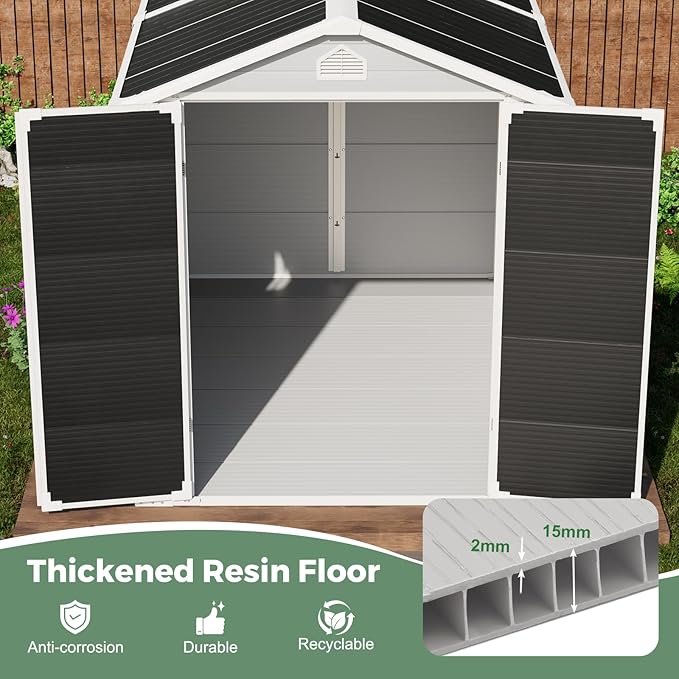 8X6 FT Resin Outdoor Storage Shed with Floor,Water Drainge Roof Plastic Sheds with Windows and Lockable Doors,Thickened Panel All-Weather Resistant Tool Storage Shed for Garden Backyard Patio, Grey