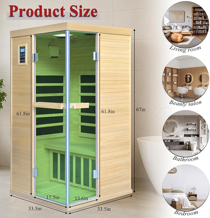 Far Infrared Sauna, 1-Person Canadian Hemlock Dry Sauna- 1350W Low EMF, 5 Heating Plates, Oxygen Bar, Chromotherapy, Bluetooth Speaker - 33.5x33.5x69in for Home Relaxation