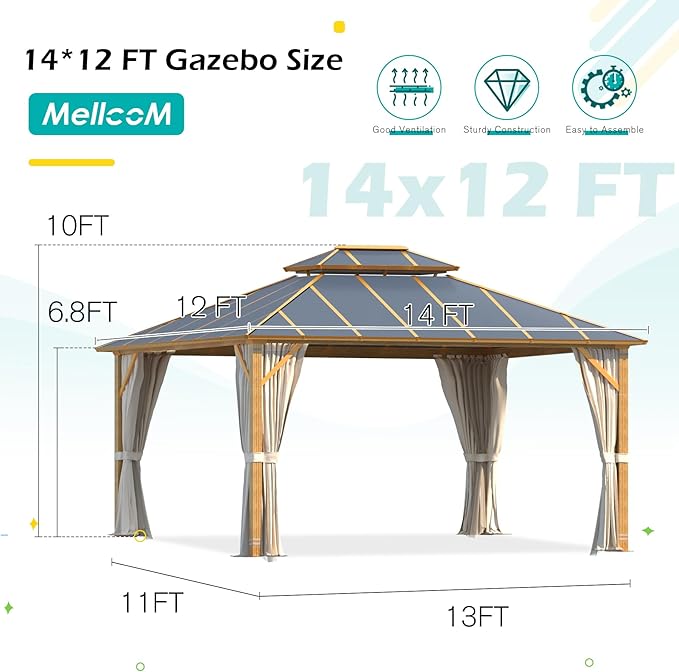 MELLCOM 12x14FT Hardtop Gazebo,Wooden Finish Coated Aluminum Patio Gazebo with Aluminum Composite Double Roof for Patio Lawn and Garden, Curtains and Netting Included