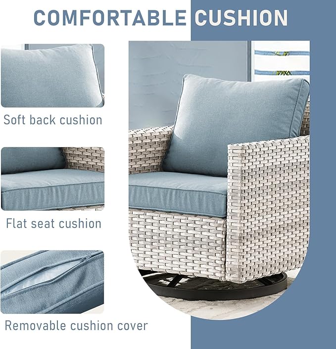 Wicker Patio Furniture Set, 6 PCS Outdoor Patio Furniture Set with Swivel Chairs, Includes 2 Swivel Patio Chairs, 1 Outdoor Couch, 1Side Table and 2 Ottoman, Light Beige/Light Blue