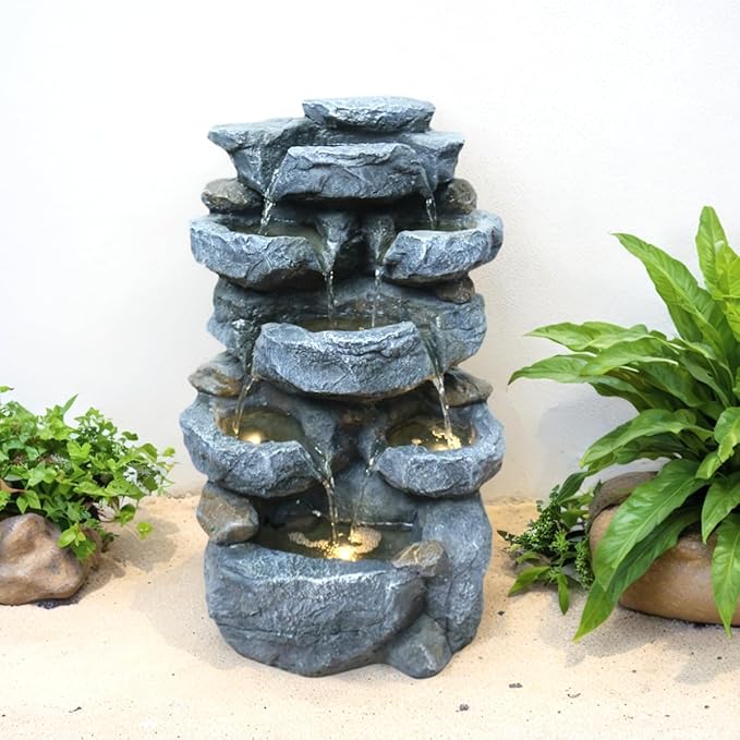 Water Fountain with Lights Outdoor Garden Decor,5-Tier Cascading Rock Waterfall for Indoor Patio Backyard Porch Art Decoration 21.6 Inches