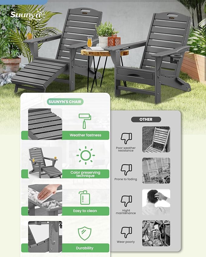 Folding Adirondack Chairs Set of 6,Adirondack Chair with Retractable Ottoman,Plastic Adirondack Chairs with 2 Cup Holder,Weather Resistant Patio Chair,Outdoor Chairs Set of 6(Grey)